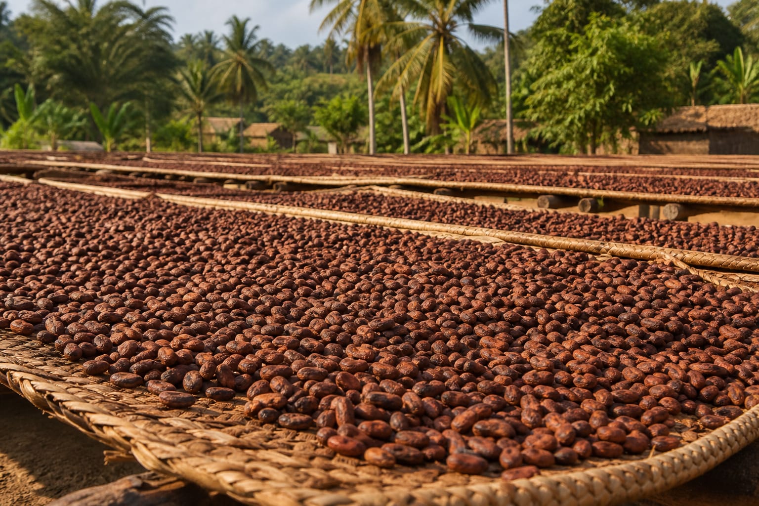Fermented cocoa beans drying on raffia mats in rural Ghana