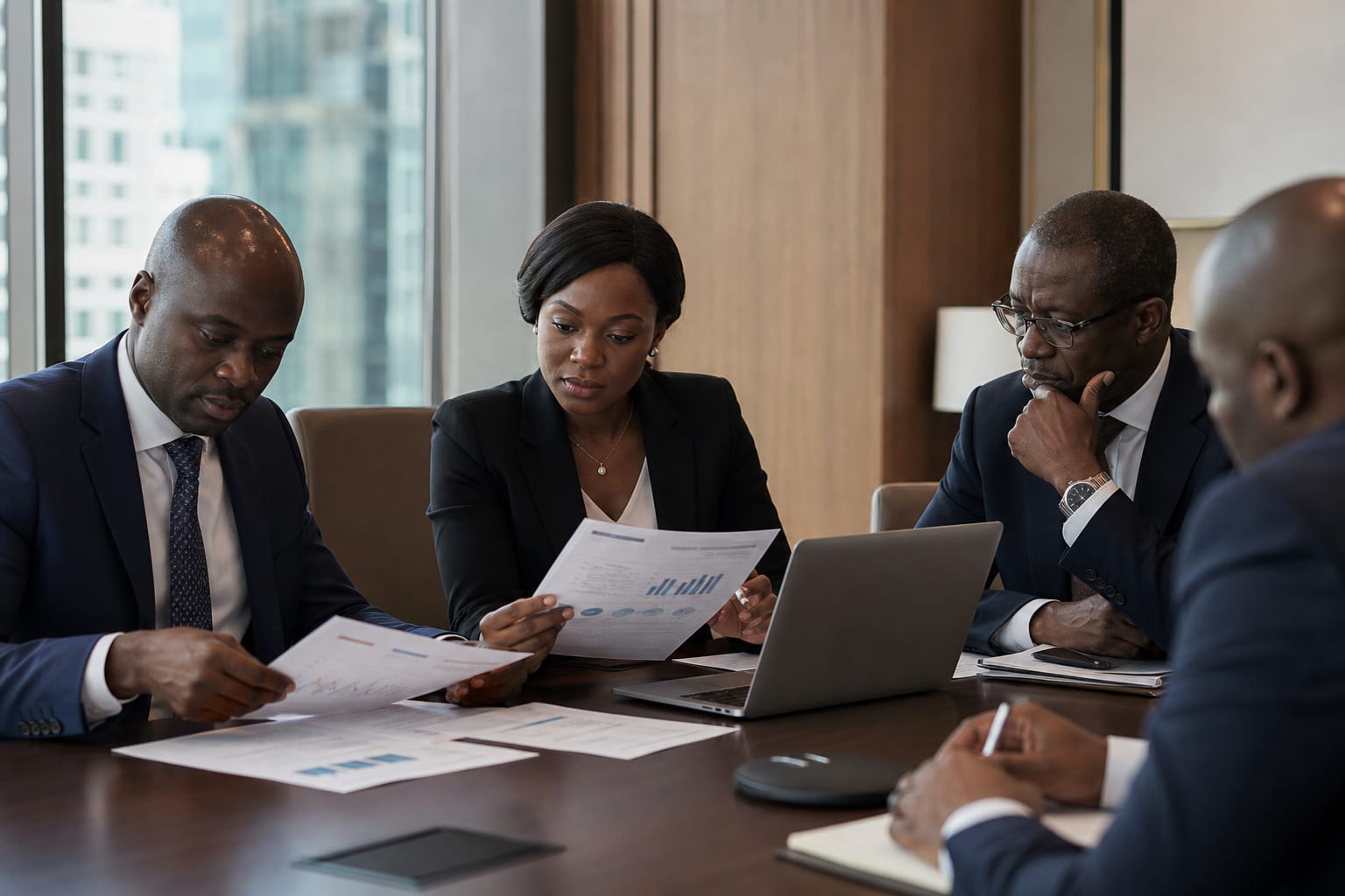 Cocoa Capital executives reviewing portfolio documents in the Accra boardroom