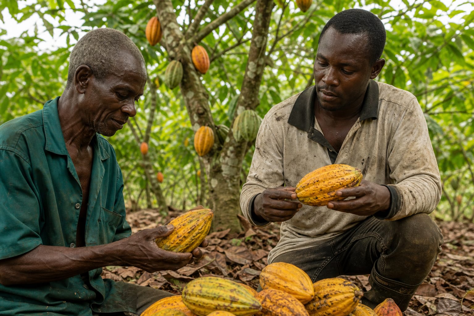 Ghanaian cocoa farmers inspecting freshly harvested pods on their plantation