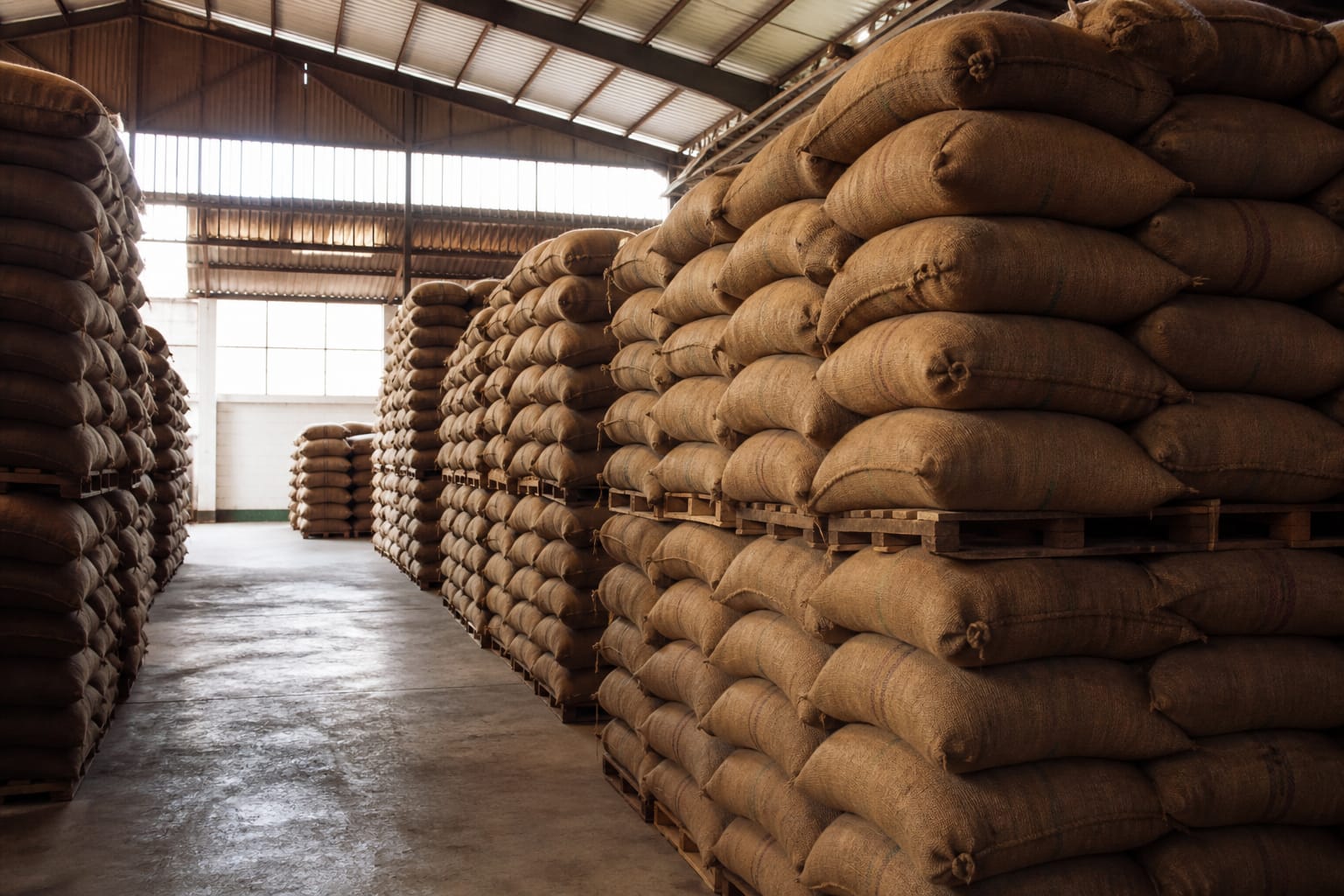 Jute sacks of graded cocoa stacked in an approved Ghanaian warehouse